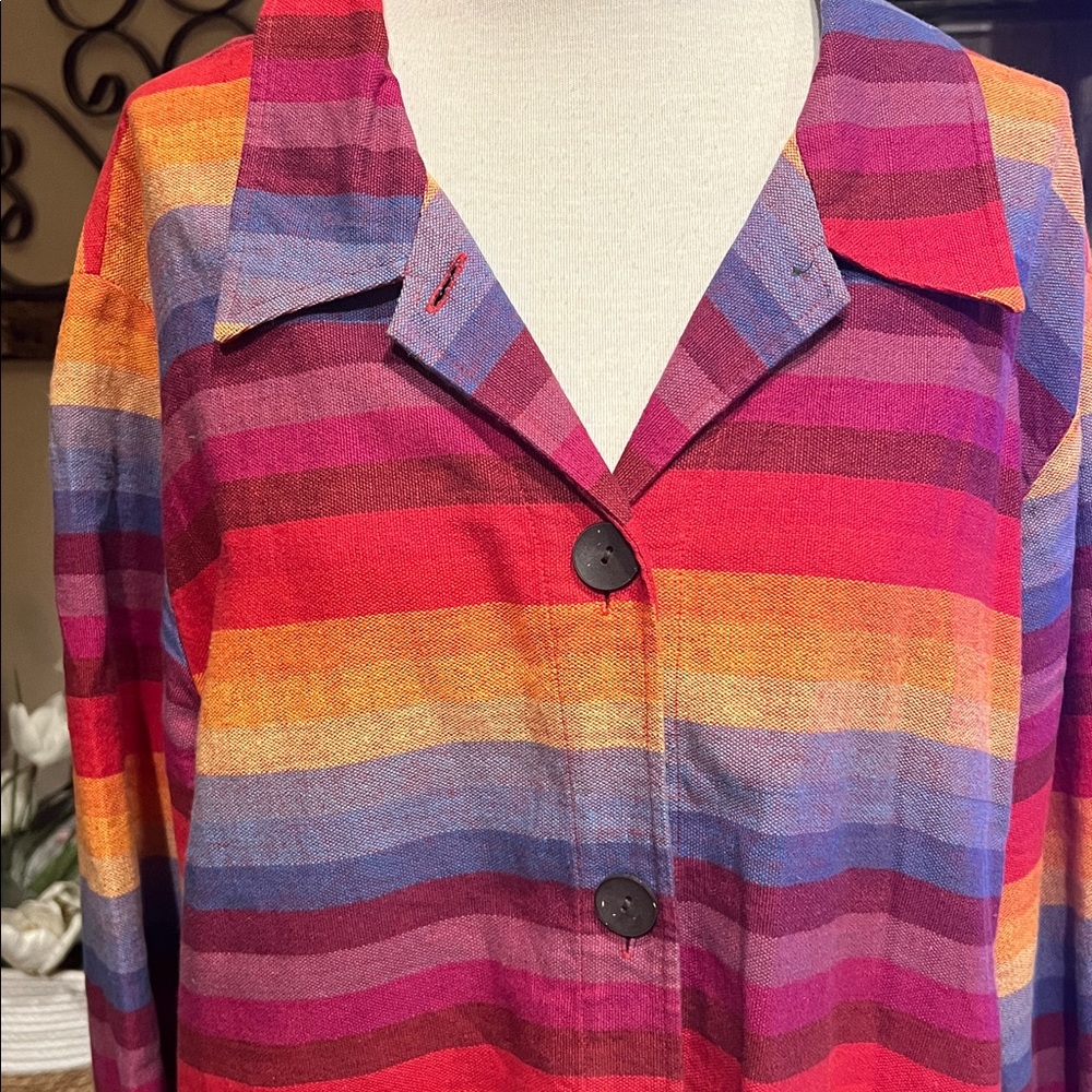 Coldwater Creek rainbow striped linen blend topper blazer with pockets XL - Picture 3 of 11
